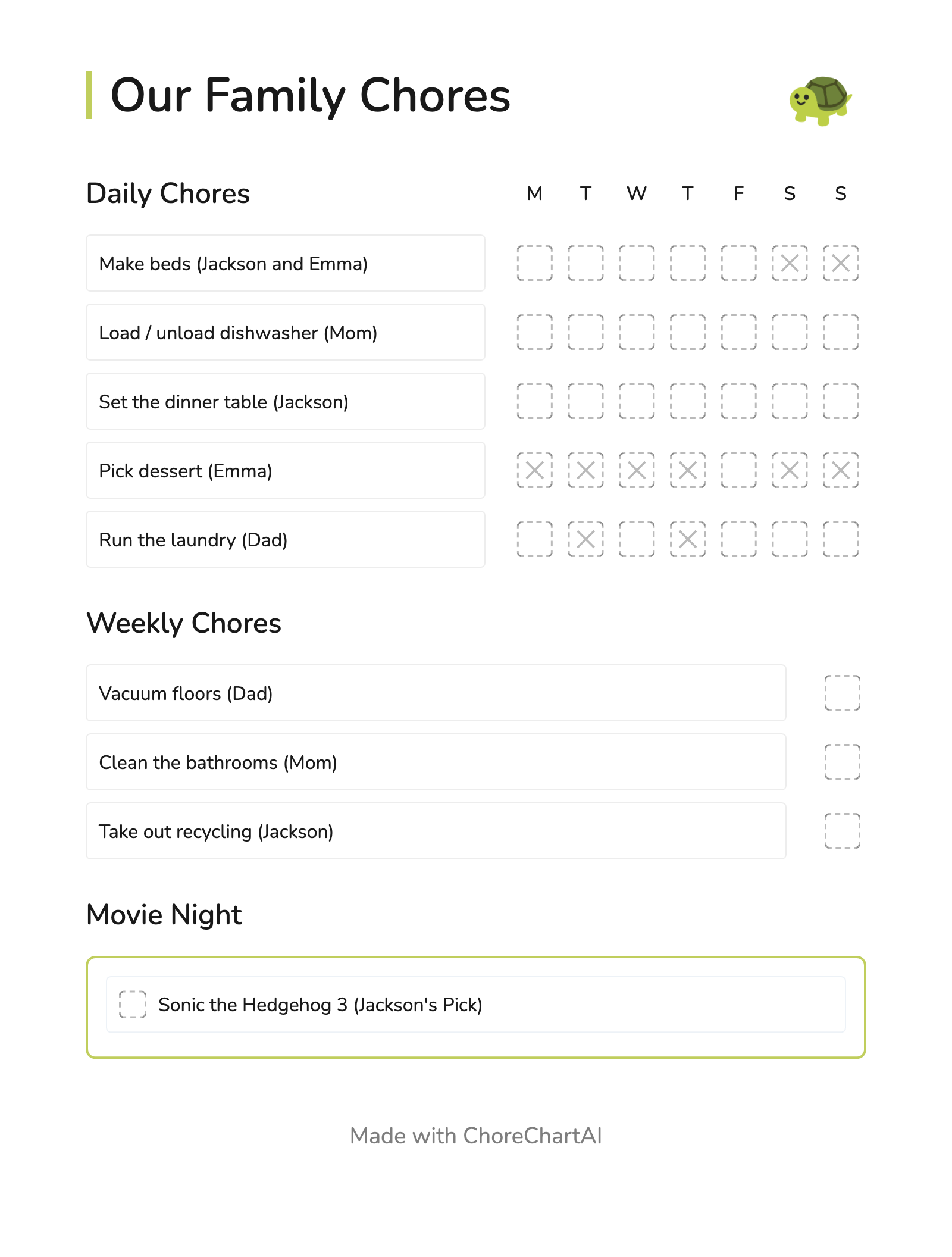 Example chore chart