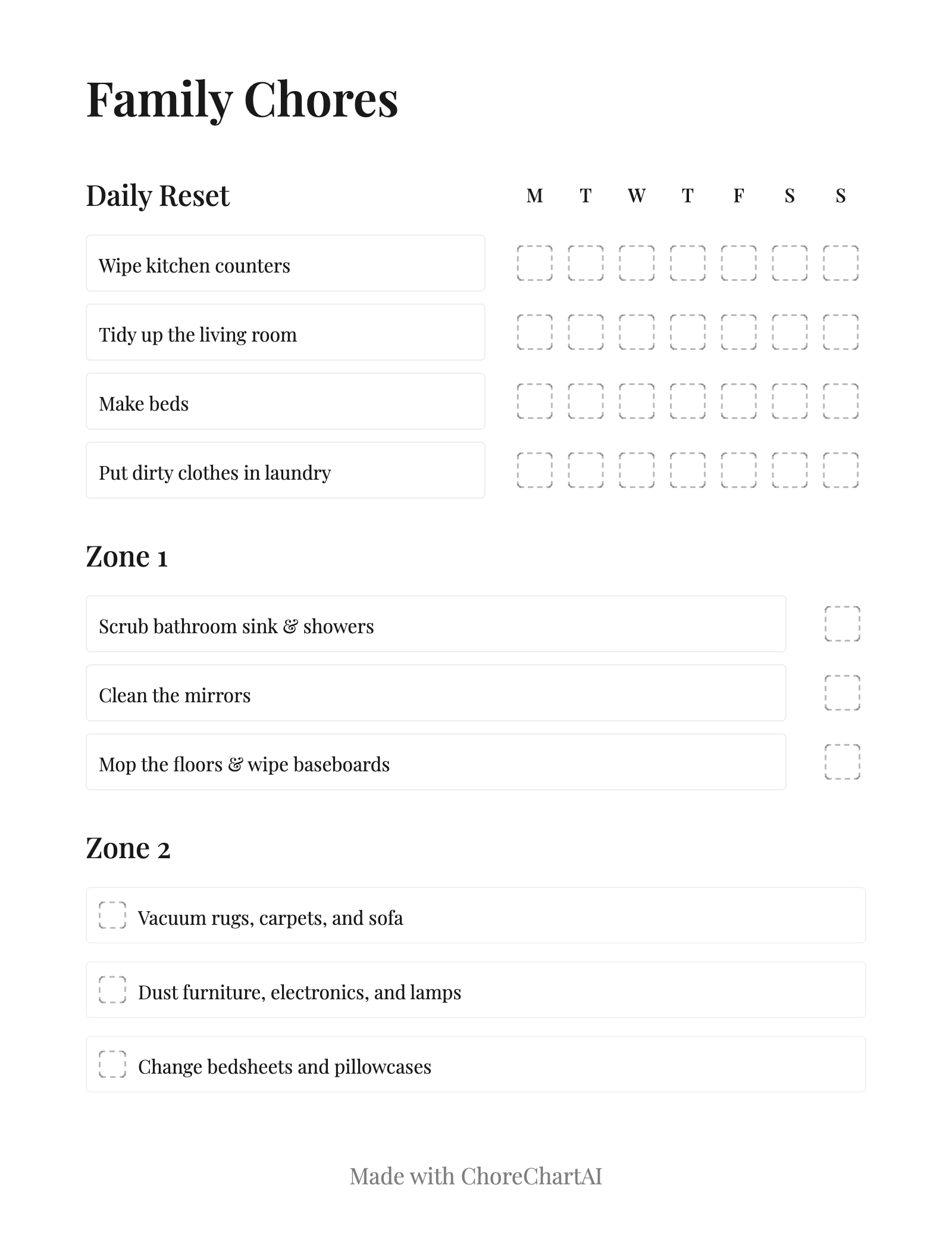 Example chore chart