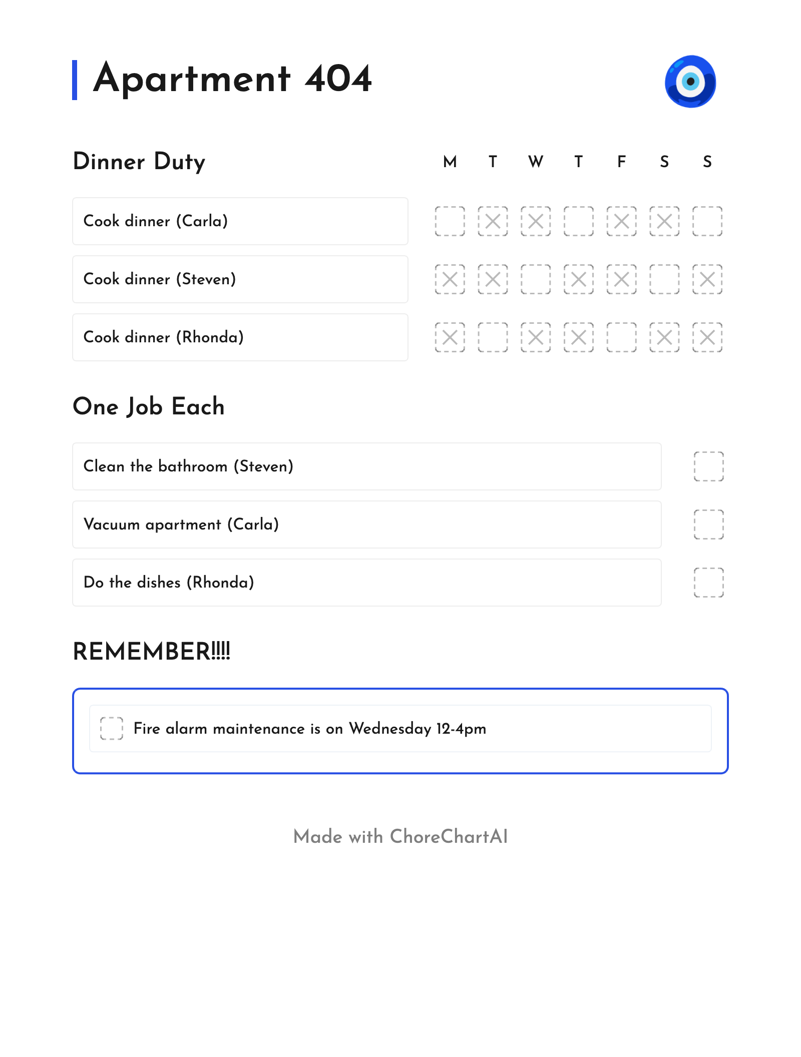 Example chore chart
