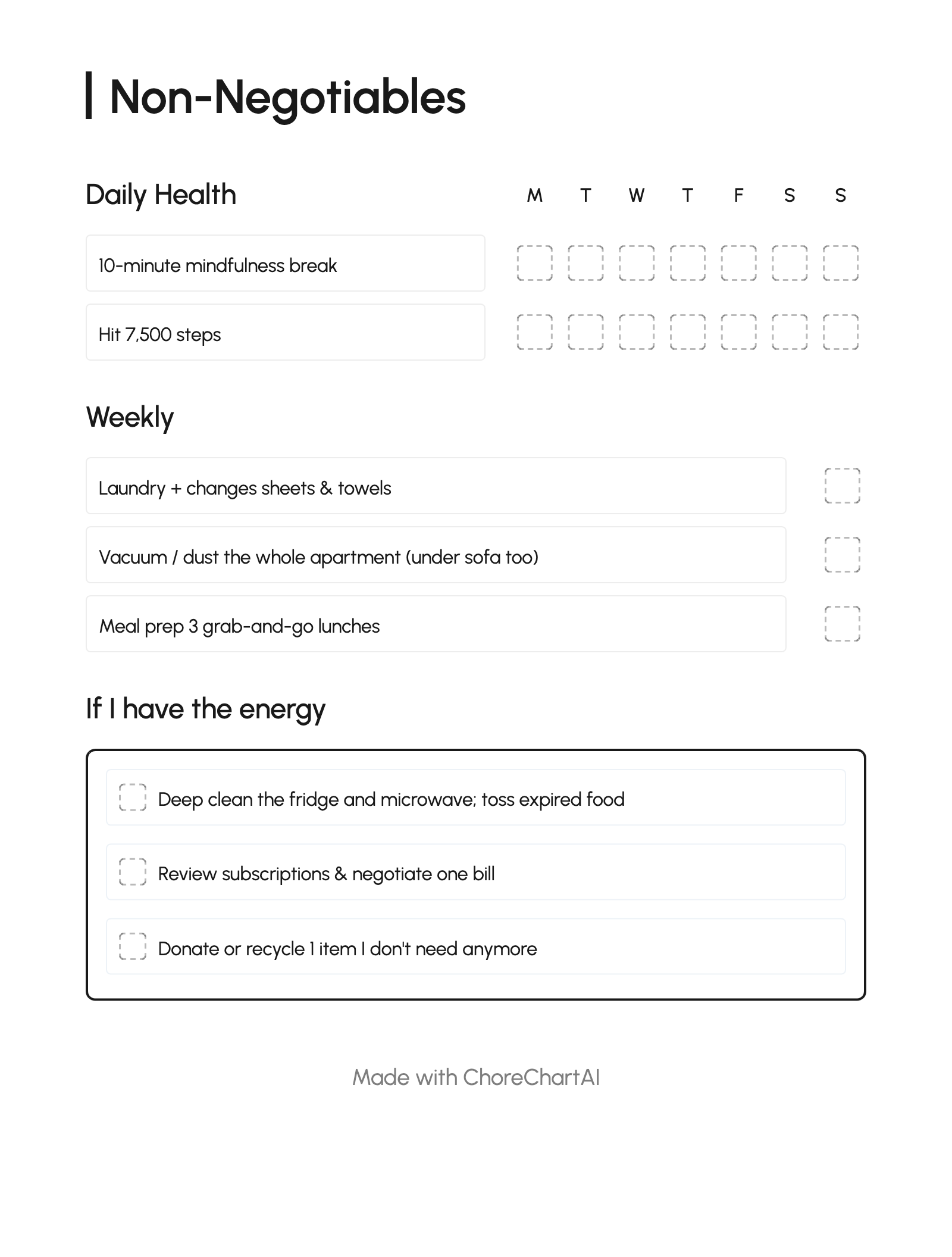 Example chore chart